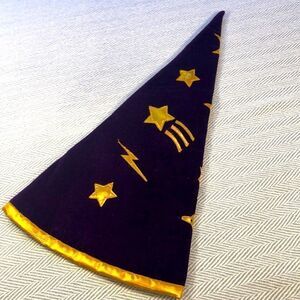 WIZARD HAT 10 1/2” at base, 21 1/2” high, Purple and Gold, used
